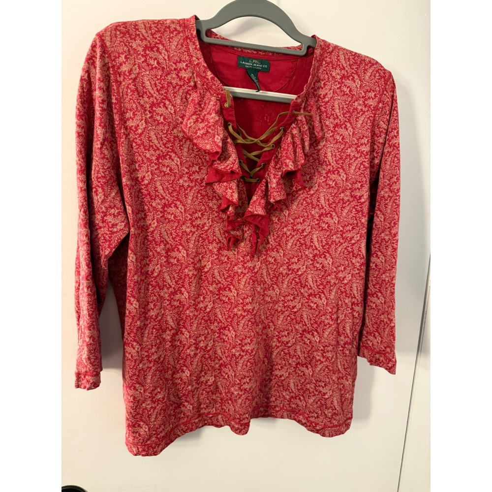 Lauren Ralph Lauren Red Paisley Lace Up Ruffle V-Neck Top XL Cotton 3/4 Sleeve